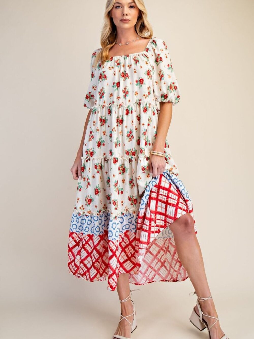 EASEL BORDER PRINTED PIN STRIPE TIERED DRESS 90% RAYON 10% NYLON